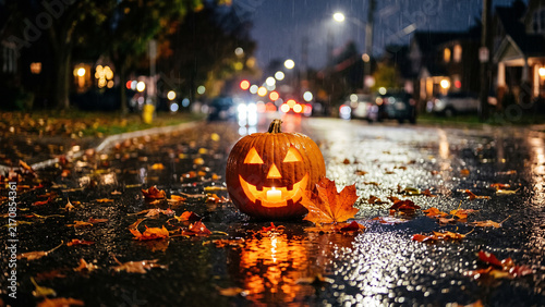 Jackolantern on a wet street at night with fall leaves and blurred city lights, halloween atmosphere