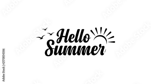 Hello summer text with a sun icon and flying birds, a seasonal greeting design element for summer vacation, beach vibes, and holiday marketing campaigns