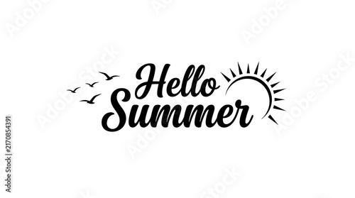 Hello summer text with a sun icon and flying birds, a seasonal greeting design element for summer vacation, beach vibes, and holiday marketing campaigns