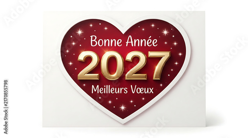Greeting card for 2027 with golden numbers inside a red heart shape with stars