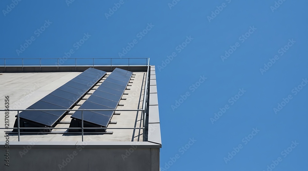 Fototapeta premium Modern Solar Panels Installed on a Flat Building Roof Under Clear Blue Sky for Renewable Energy