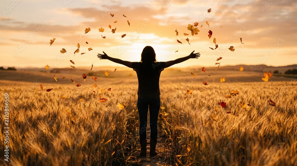 Fototapeta premium Silhouette of happy woman standing in golden wheat field at sunset, throwing autumn leaves in air, arms wide open embracing nature, freedom and joy, beautiful fall season landscape