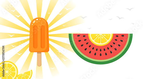 Summer refreshment concept with orange popsicle and watermelon slice with lemon center, sunburst background with flying seagulls, vibrant fruit illustration