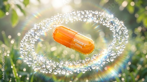 Obraz na płótnie Vitamin C Capsule Floating through Dew Drops Ring 3D