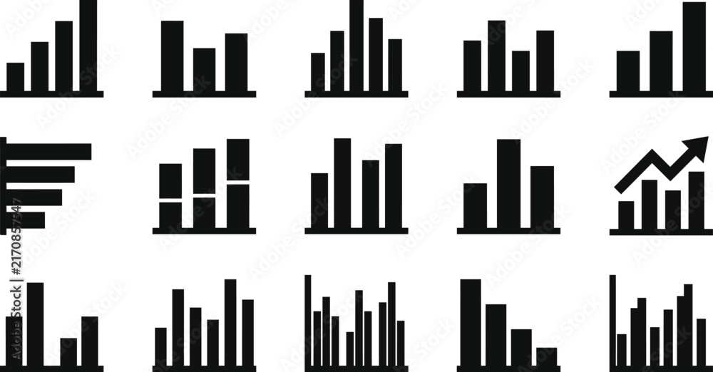 Obraz premium Set of black and white bar chart graphics for analytics