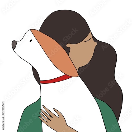 Canvastavla Girl hugs dog, woman with puppy, love pets, flat illustration on white backgroun