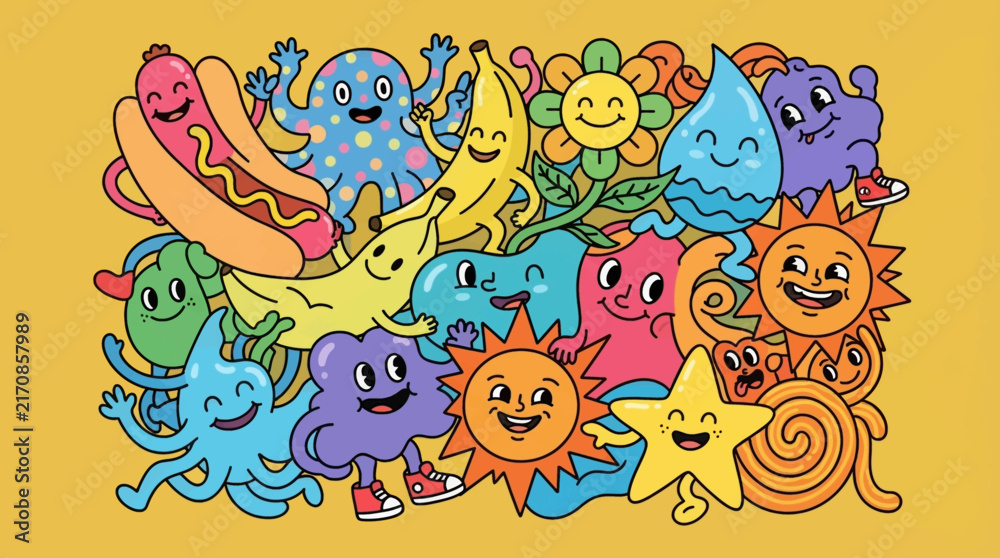 Obraz premium Colorful doodle pattern with cute smiling cartoon characters on yellow