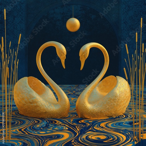 Golden swans forming a heart shape on swirling blue water. Elegant digital art of romantic swan couple with gold moon and reeds. Luxury background design