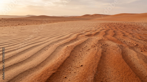 Natural clay desert sand texture. Rippled dunes landscape with warm sunset light.