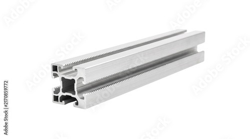 Industrial aluminum t-slot extrusion profile for modular construction and engineering isolated on a white background