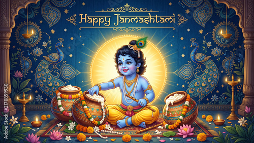 Happy janmashtami celebration with baby krishna, colorful peacock feathers, traditional butter pots, oil lamps, and marigold flowers in a festive indian temple setting