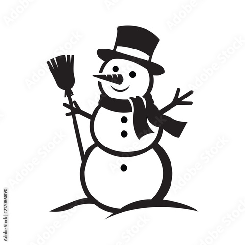 Fotografie Classic snowman silhouette wearing a top hat, carrot nose, and scarf, solid black vector