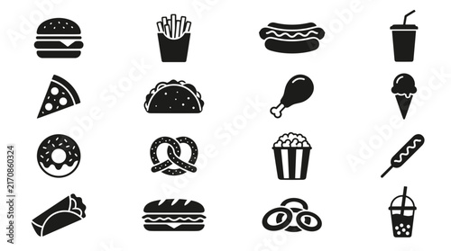 Collection of popular fast food icons in black and white silhouette style