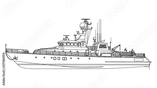Military warship line drawing on white background.