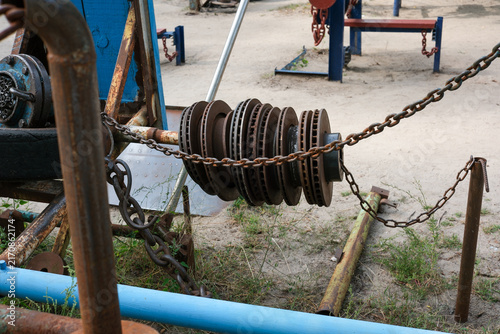 Brutal homemade steel pulley weight made of car brake discs