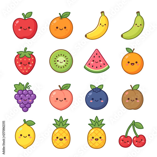Cute kawaii cartoon fruits vector set with apple, orange, banana, strawberry, kiwi, watermelon, grapes, peach, blueberry, kiwi, lemon, pineapple, and cherry