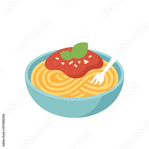 Cute Kawaii Spaghetti Pasta with Tomato Sauce and Basil Illustration