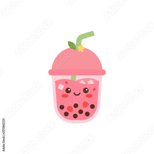 Cute Strawberry Bubble Tea with Tapioca Pearls and Straw Illustration