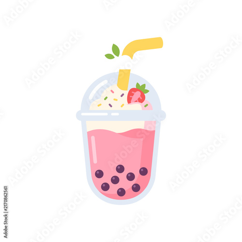 Cute Kawaii Strawberry Bubble Tea with Tapioca Pearls and Whipped Cream Isolated on White Background