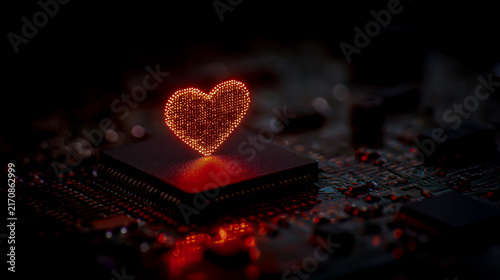 A heart-shaped chip glowing with red light on an electronic circuit board