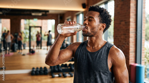 Athletic man drinking water after workout in gym, wearing sleeveless shirt, sweating, feeling refreshed and healthy, fitness and wellness lifestyle