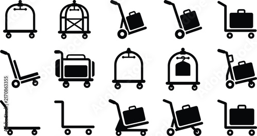 Obraz na płótnie Hotel bellhop cart and baggage trolley icon set for hospitality travel and lugga