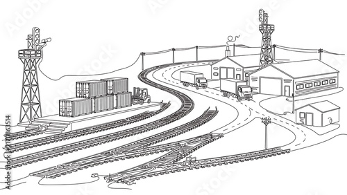 Industrial railway yard sketch white background.