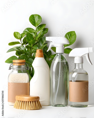 Eco-friendly household cleaning products set with reusable bottles, sustainability concept isolated on white background