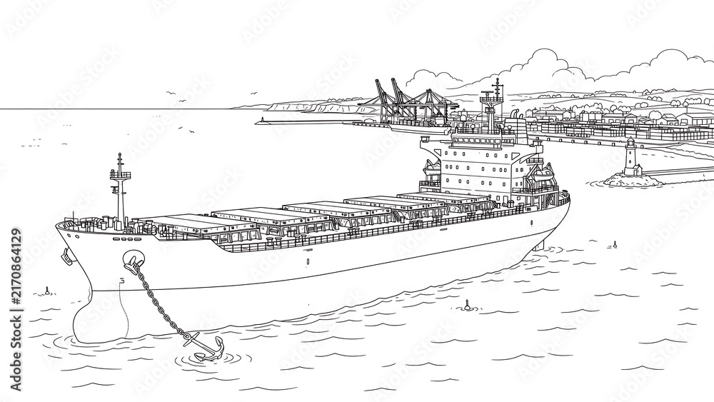 Fototapeta premium Large cargo ship illustration white background.
