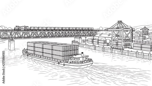 Industrial river port with cargo barge white background.