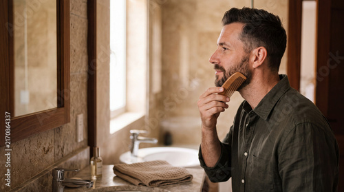 Man grooming beard with wooden comb in bathroom, standing by mirror, wearing casual shirt, natural light, relaxed and focused expression, modern home interior, personal care routine