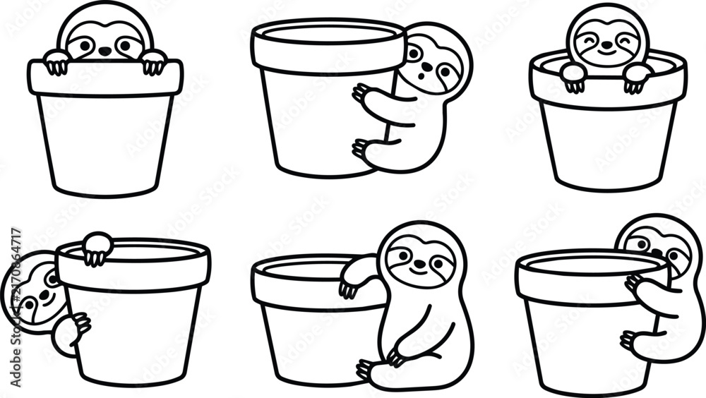 Obraz premium Playful sloths hiding in and hugging flowerpots in black and white line art arrangement