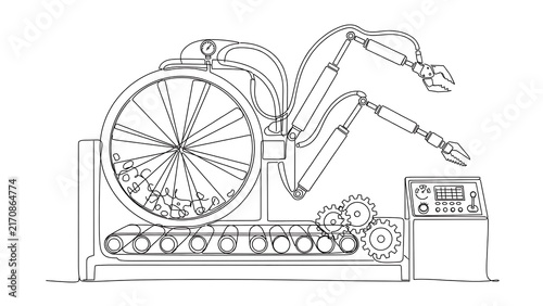 Industrial robot arm assembly line white background.