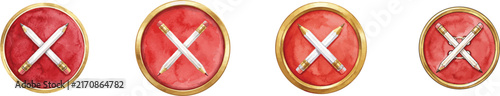 Crossed white pencils on a round red button with a gold rim, vector watercolor style isolated on white