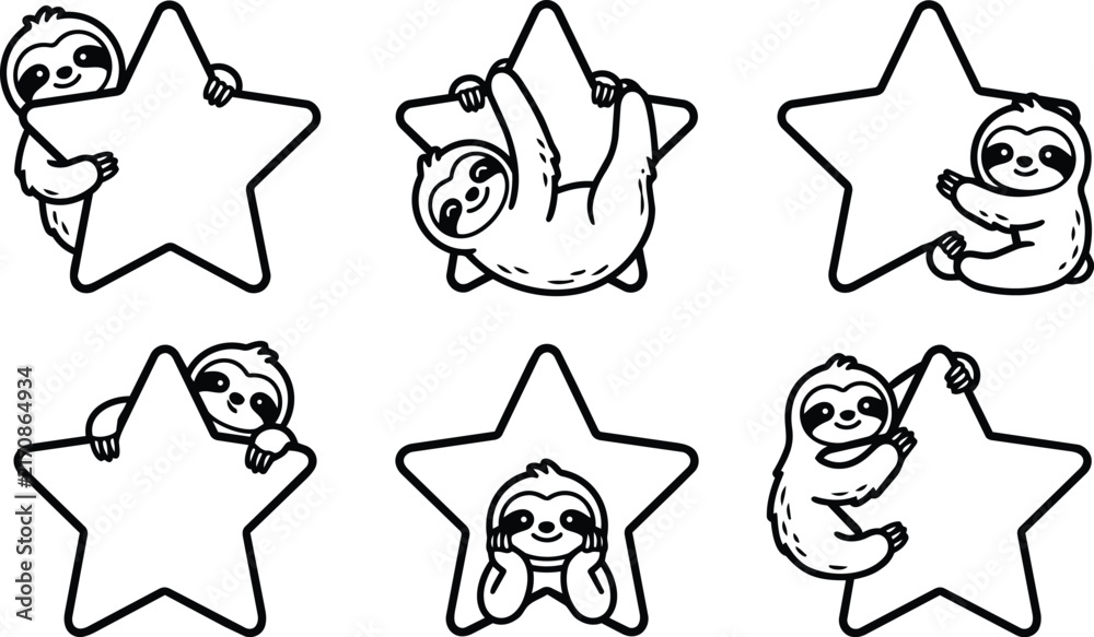 Obraz premium Playful sloths hugging large stars in black and white line art illustration