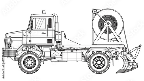 Industrial truck with hose reel on white background.