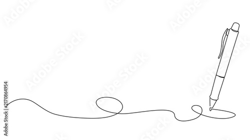 animated continuous line drawing of ballpoint pen writing, drawing a curved line, minimal line art animation