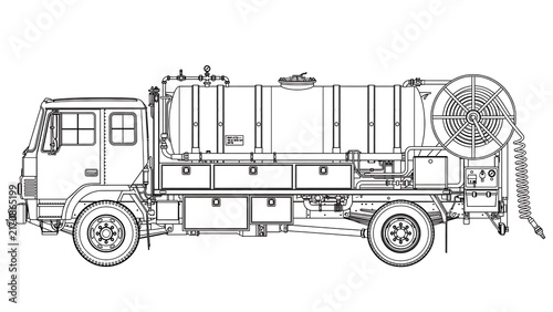 Industrial truck with tank and hose white background.