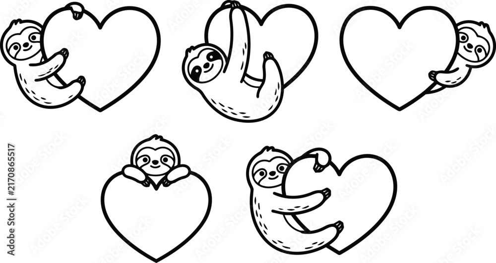 Fototapeta premium Cute sloths hugging heart shapes in black and white line art for valentine love and affection
