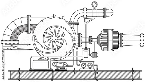Industrial turbine engine diagram white background.