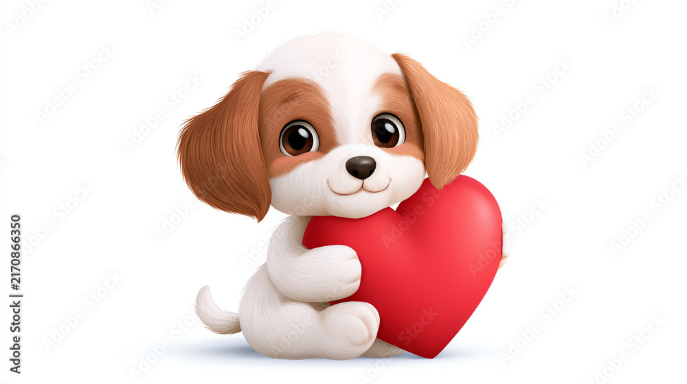 Fototapeta premium A cute cartoon puppy holding a red heart, symbolizing love and companionship. Perfect for pet lovers and emotional connections in design.