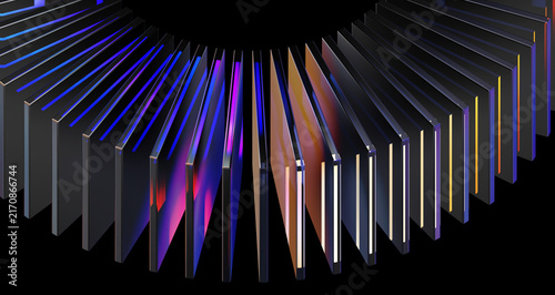 Obraz na płótnie Circular Glass Slat Arc 3D Render, Glowing Blue Purple Yellow Edge Light, Abstra