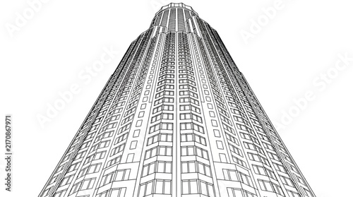 Architectural wireframe sketch of a modern skyscraper building isolated on white background.