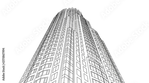 Architectural wireframe sketch of a modern skyscraper building isolated on white background.