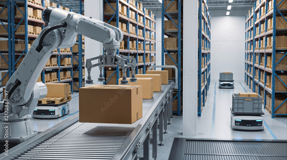 Obraz premium Robotic arm sorting cardboard boxes on conveyor belt in automated distribution center. Smart warehouse technology with autonomous mobile robots for logistics efficiency.
