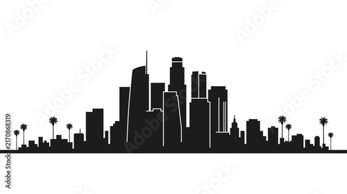 Black and white silhouette of the Los Angeles city skyline with palm trees.