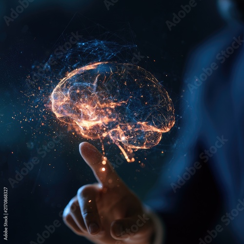 Illuminated neural network hologram of a human brain glowing and radiating light