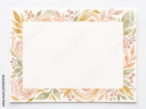 Watercolor autumn floral border frame template with roses and leaves surrounding a blank white card copy space