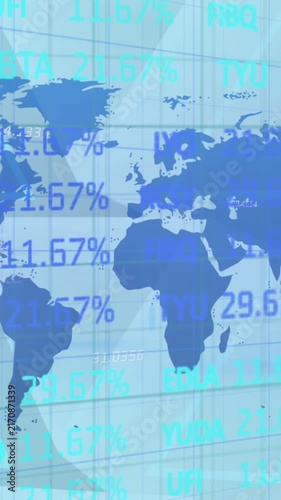 Animation of stock market and world map over blue background