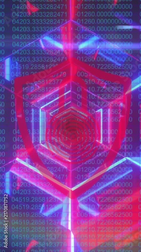 Security padlock over shield icon against neon tunnel against data processing